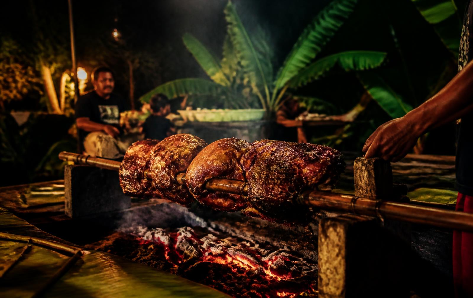 Island feast plated on banana leaf